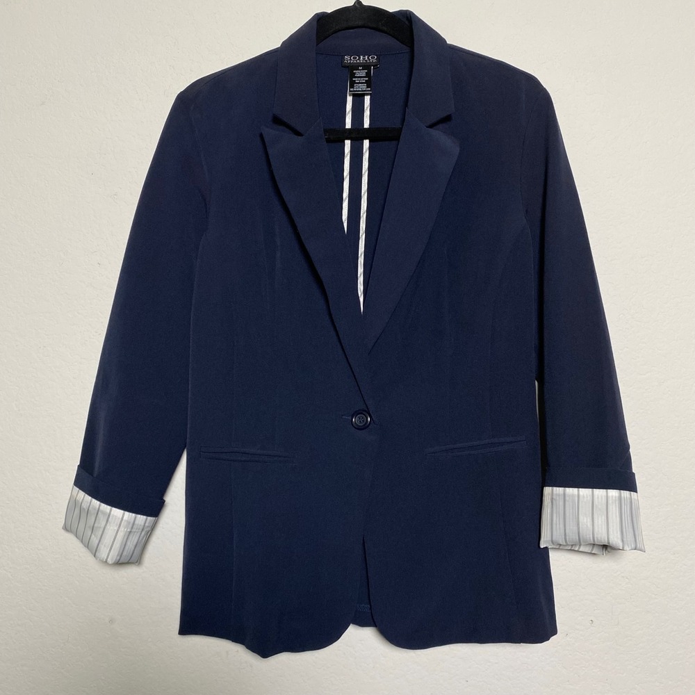 SOHO Apparel LTD. Womens Medium Navy Blue Career Office Blazer Coastal Preppy